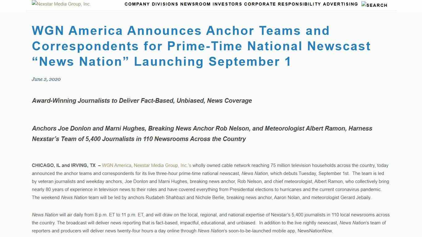 WGN America Announces Anchor Teams and Correspondents for Prime-Time National Newscast “News Nation” Launching September 1 Nexstar Media Group, Inc.
